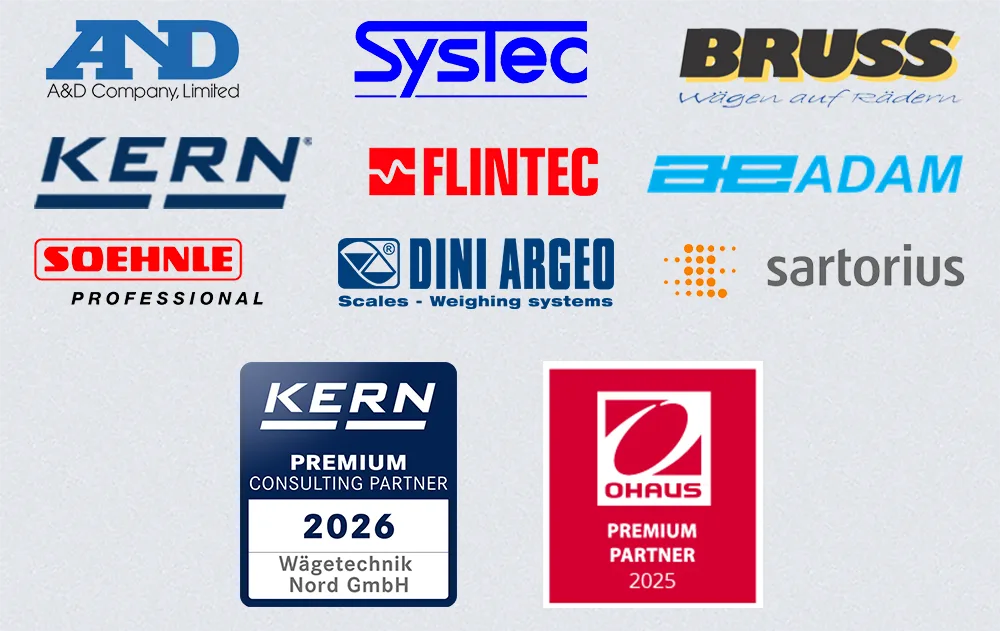 Das Bild zeigt verschiedene Logos von Waagen-Herstellern wie z.B. KERN, Sartorius, SOEHNLE, AND oder auch FLINTEC mit denen Wägetechnik Nord zusammenarbeitet bzw. diese vertreibt