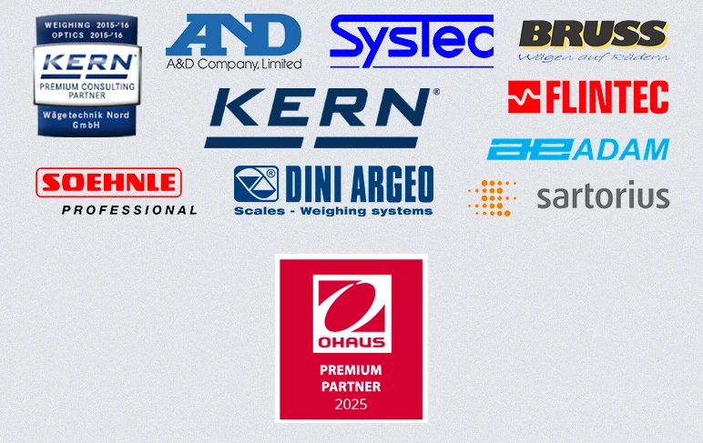 Das Bild zeigt verschiedene Logos von Waagen-Herstellern wie z.B. KERN, Sartorius, SOEHNLE, AND oder auch FLINTEC mit denen Wägetechnik Nord zusammenarbeitet bzw. diese vertreibt